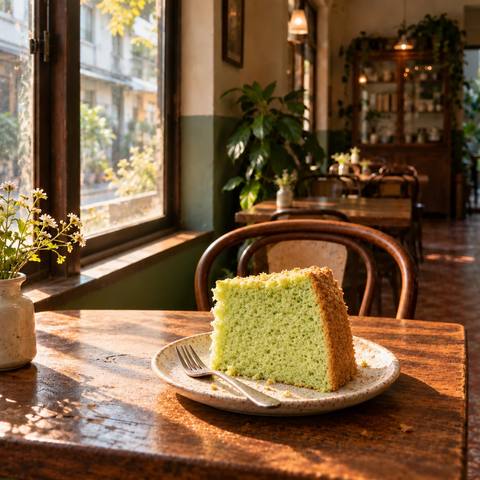 A slice of pandan chiffon cake on a plate