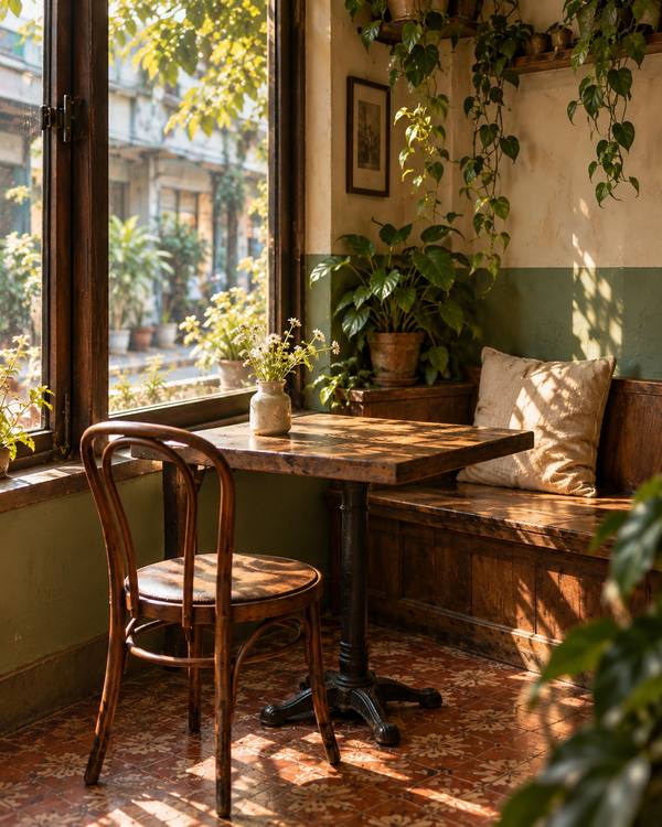 A cosy corner seat with a bench, cushion and bentwood chair by the window