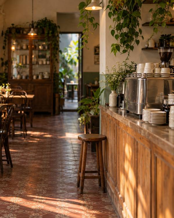 The wooden coffee counter with an espresso machine and hanging plants