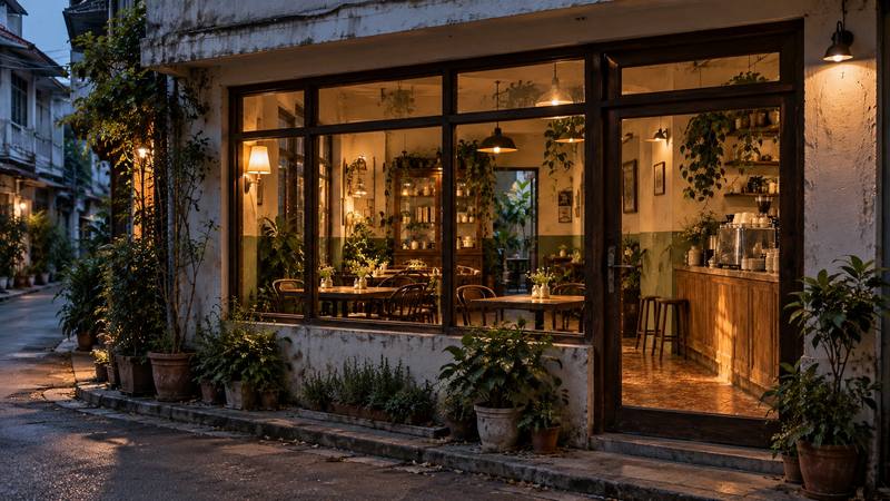 The Toey & Toast shopfront at dusk, warm light inside