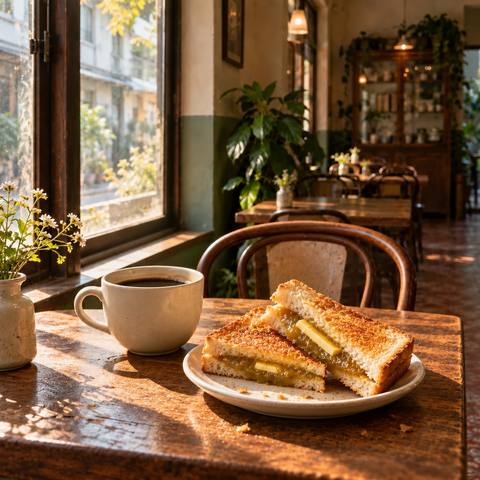 Kaya toast sandwiches with a cup of coffee