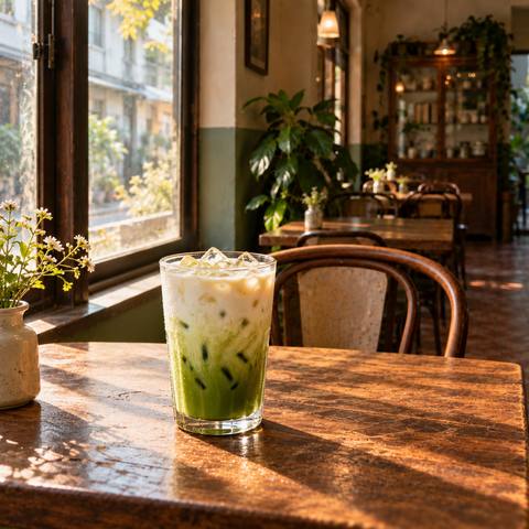 An iced pandan latte on a sunlit wooden table